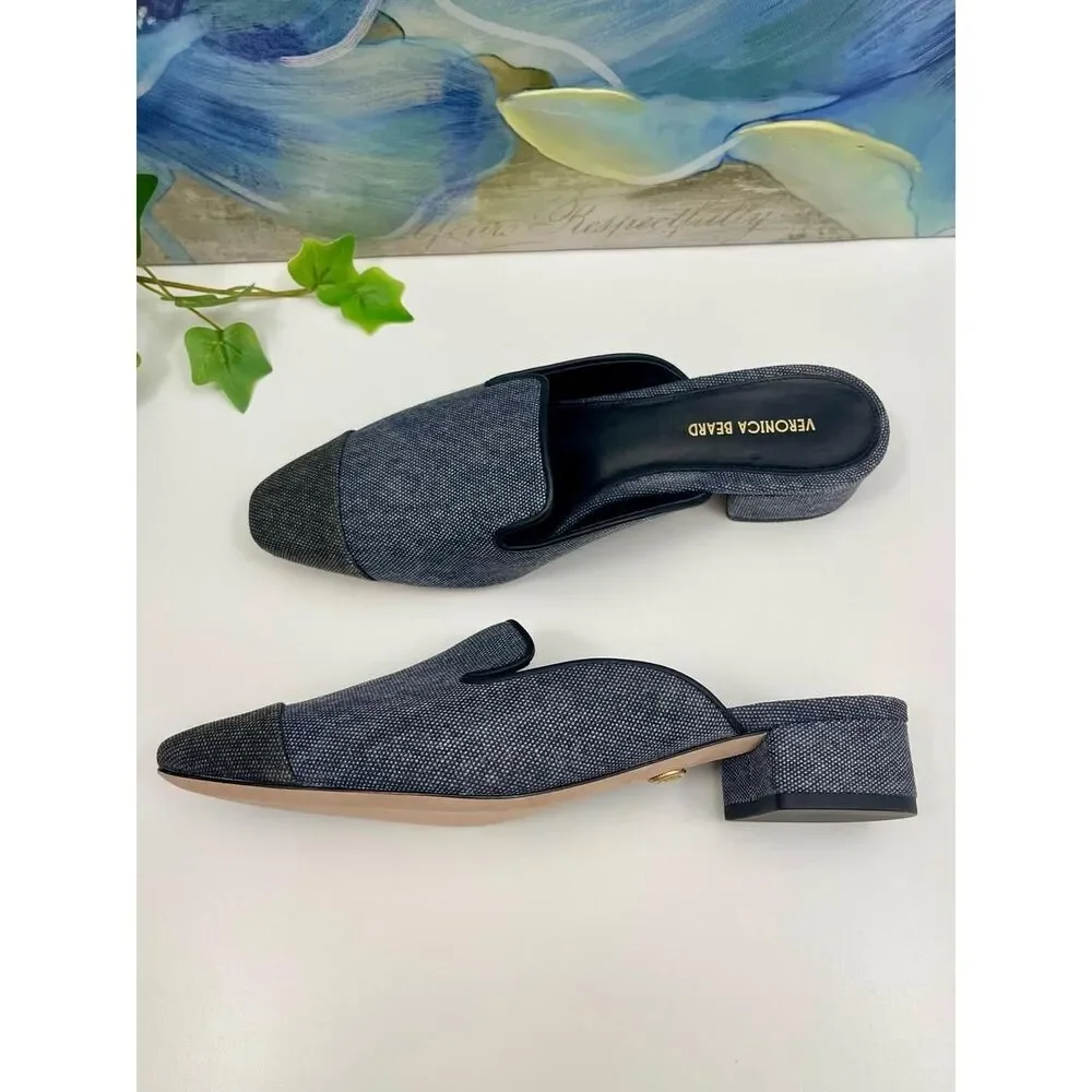 New Veronica Beard Cecile Denim Cap-Toe Mule In Denim Blue/Black 6.5